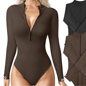 OQQ Women's Brown Bodysuit - Ribbed One Piece Zip Front Long Sleeve